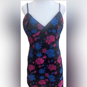 Lulus NIGHT IN BLOOM BLACK PINK BLUE FLORAL JACQUARD Mini Party Dress Medium